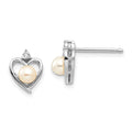 14k White Gold 4.5mm June/Freshwater Cultured Pearl and Diamond Heart Earrings, 0.012 ct, 17 x 10 mm