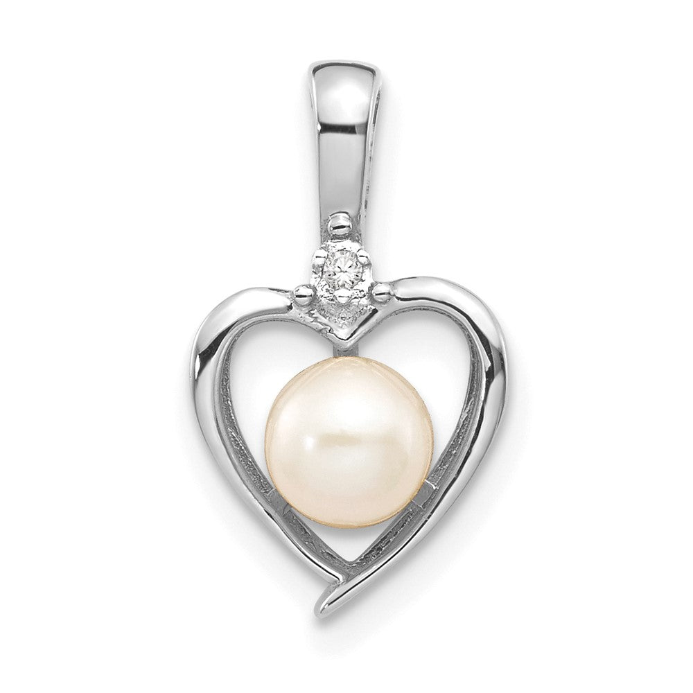 14k White Gold 5.5mm June/Freshwater Cultured Pearl and Diamond Heart Pendant, 0.007 ct, 17 x 10 mm