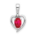 14k White Gold 6x4 Oval July/Ruby and Diamond Heart Pendant, 0.557 ct, 17 x 10 mm