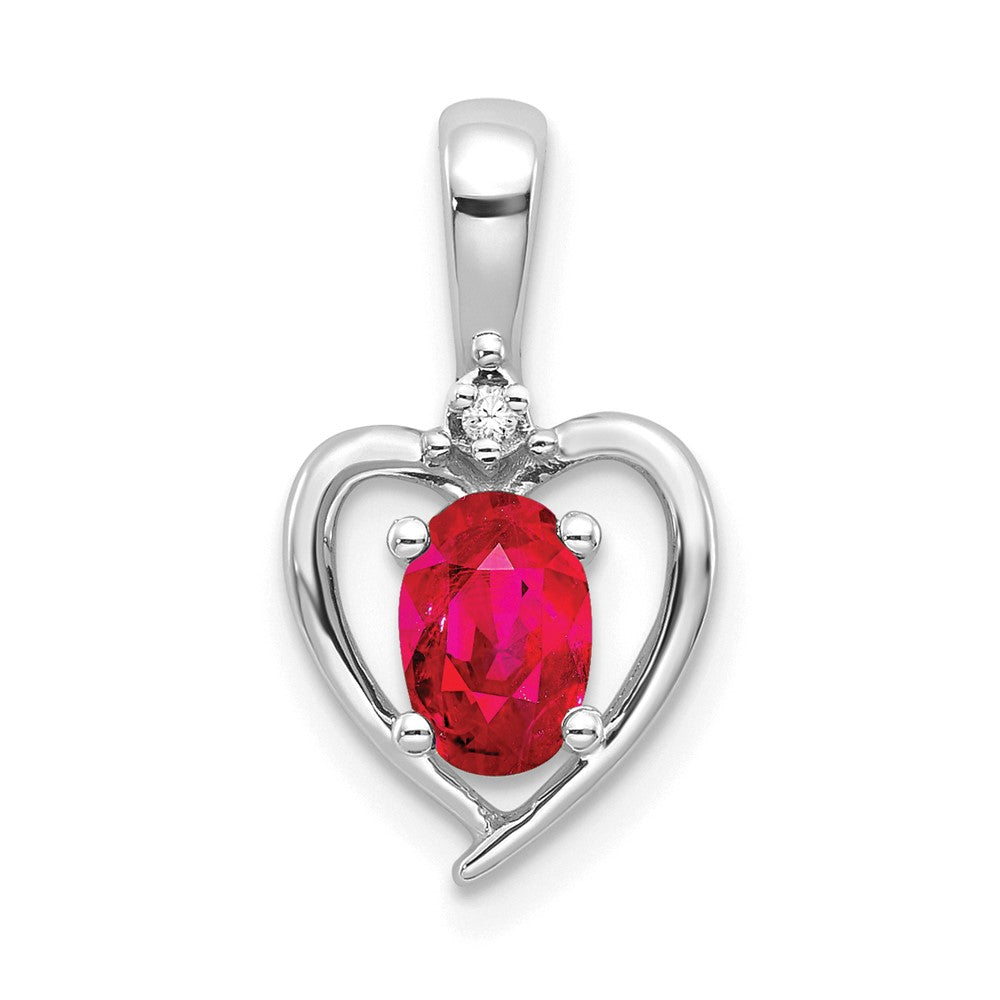 14k White Gold 6x4 Oval July/Ruby and Diamond Heart Pendant, 0.557 ct, 17 x 10 mm