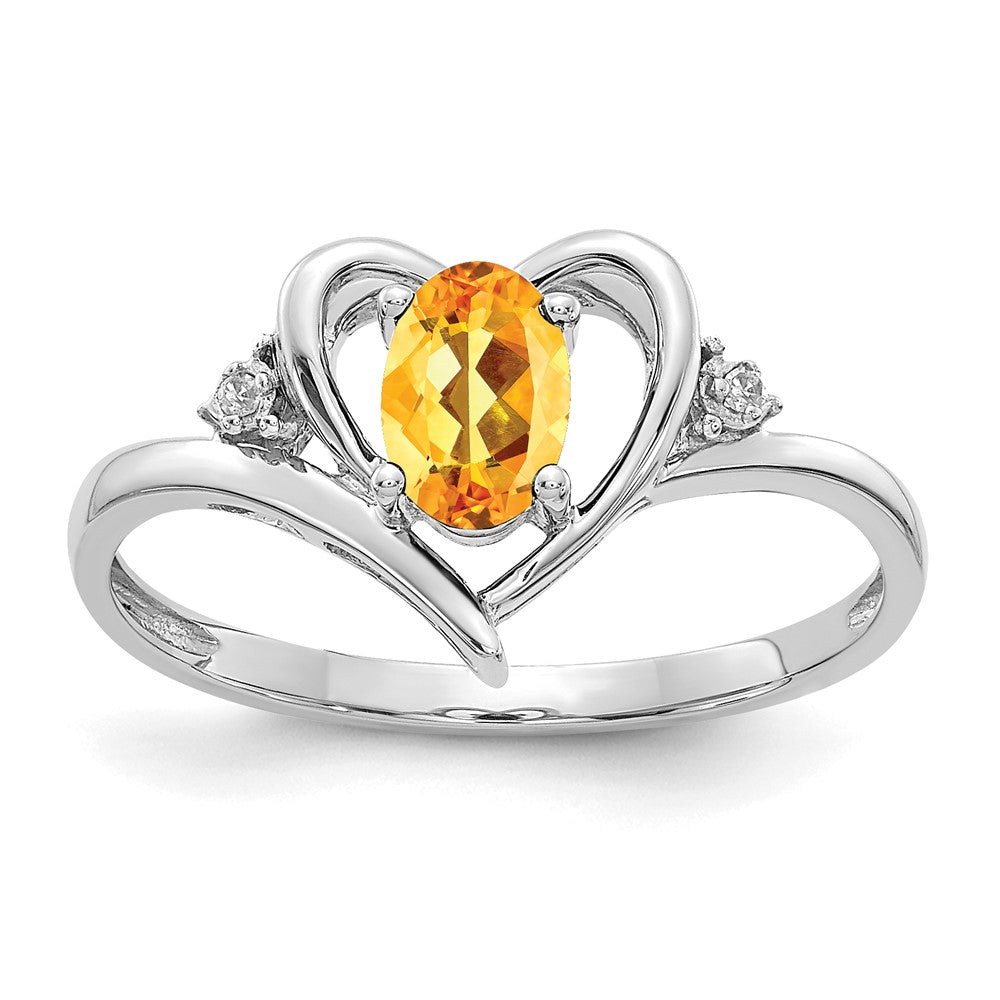 14k White Gold 6x4 Oval November/Citrine and Diamond Heart Ring, 0.56 ct, Size 7