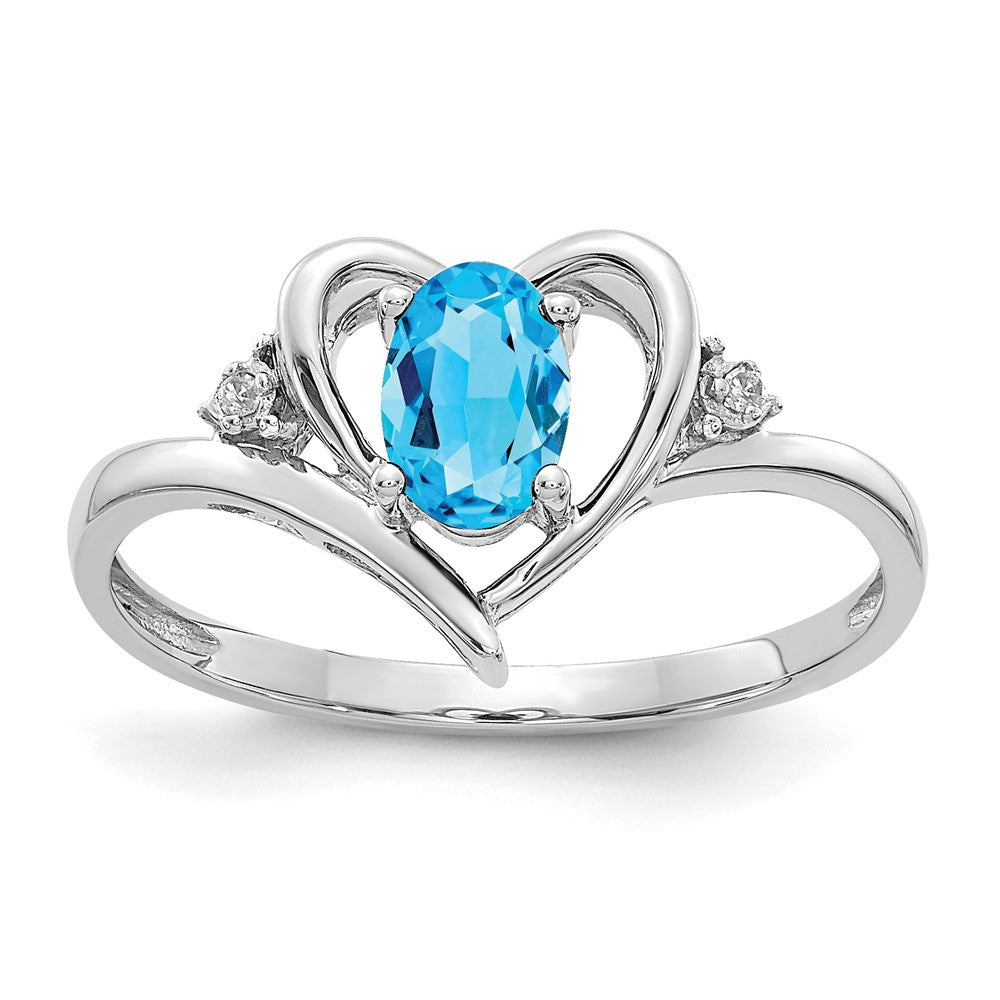 14k White Gold 6x4 Oval December/Blue Topaz and Diamond Heart Ring, 0.56 ct, Size 7