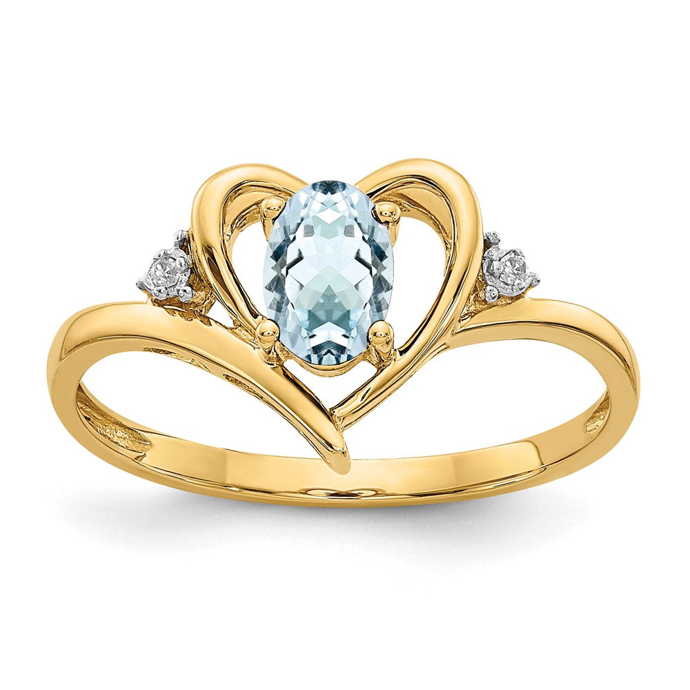 14k 6x4 Oval March/Aquamarine and Diamond Heart Ring, 0.56 ct, Size 7