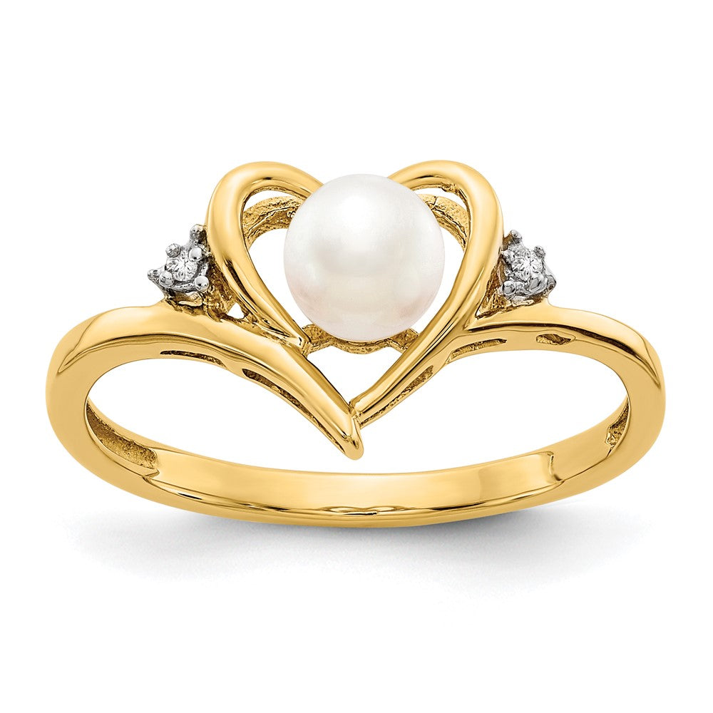 14k 5.5mm June/Freshwater Cultured Pearl and Diamond Heart Ring, 0.011 ct, Size 7