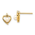 14k 4.5mm June/Freshwater Cultured Pearl and Diamond Heart Earrings, 0.012 ct, 17 x 10 mm