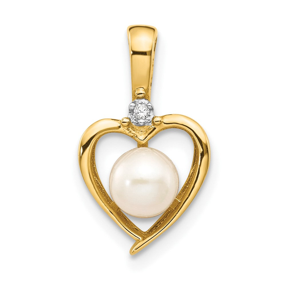 14k 5.5mm June/Freshwater Cultured Pearl and Diamond Heart Pendant, 0.007 ct, 17 x 10 mm