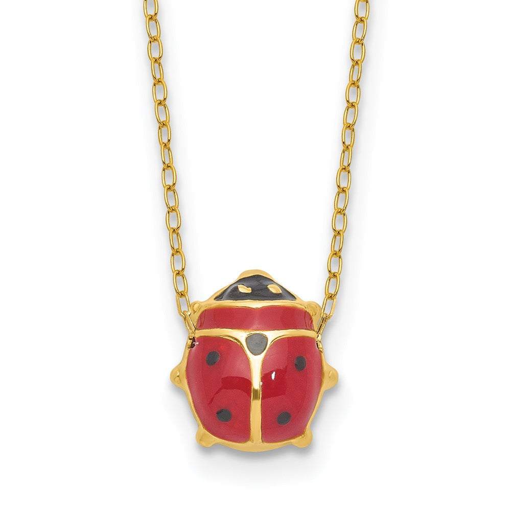 14K Polished Red and Black Enameled Ladybug 17 inch Necklace Plus 1 inch Extender, 17 x 9 mm