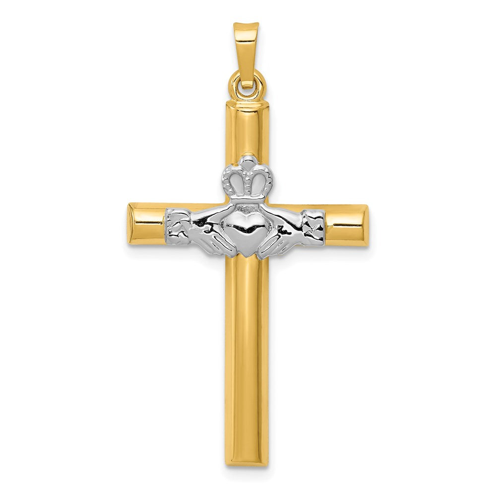 14k Two-tone Claddagh Cross Pendant, 40 x 22 mm