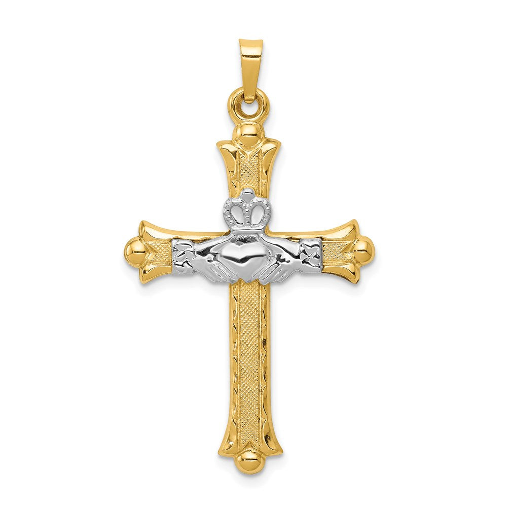 14k Two-tone Claddagh Cross Pendant, 41 x 23 mm