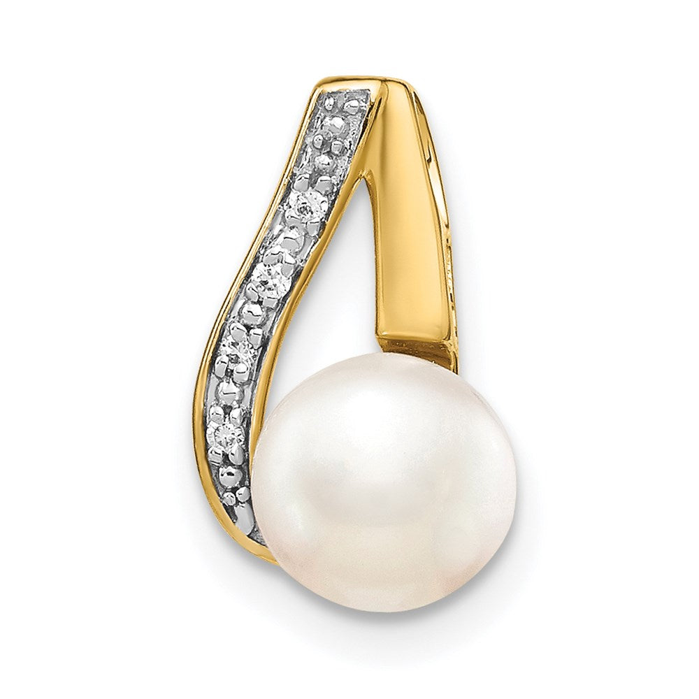 14k and Rhodium 7-8mm Button White Freshwater Cultured Pearl and Diamond Pendant, 0.021 ct, 15 x 10 mm
