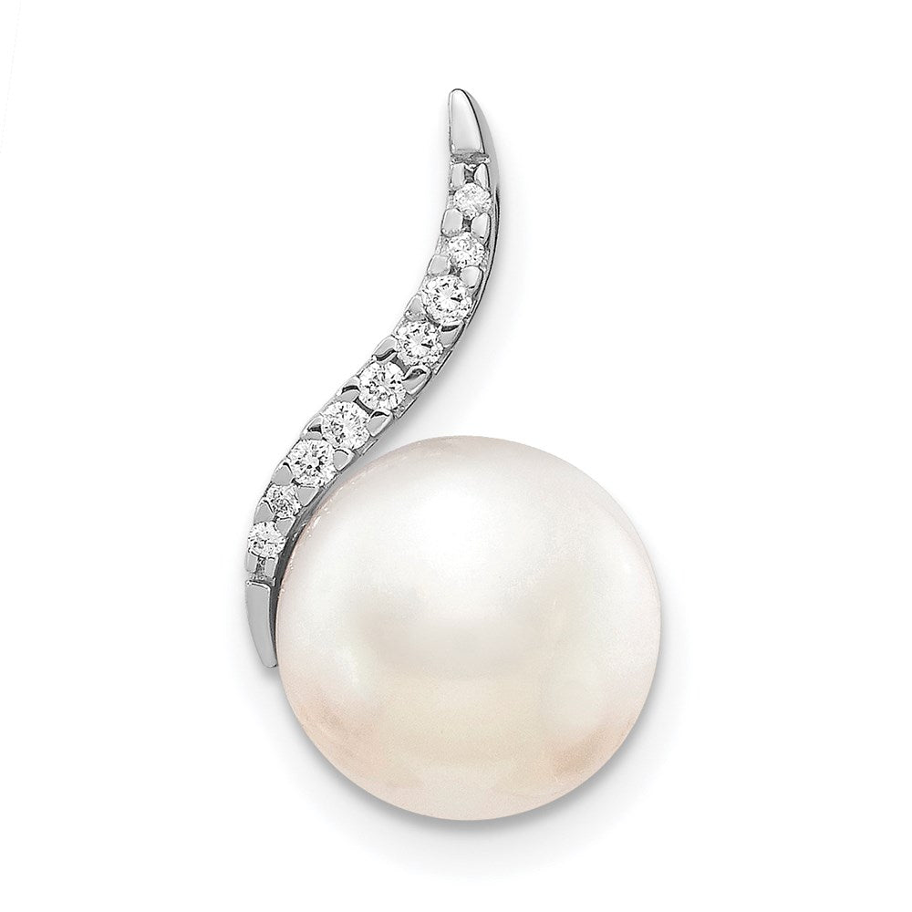 14k White Gold 9-10mm White Button Freshwater Cultured Pearl and Diamond Chain Slide, 0.078 ct, 18 x 12 mm