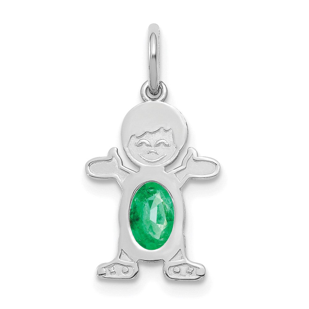 14K White Gold Boy Charm 6x4 Oval Genuine Emerald-May, 0.44 ct, 21 x 12 mm
