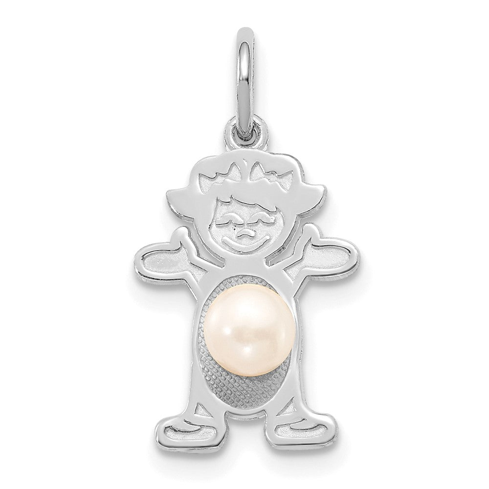 14K White Gold Girl Charm 4mm Freshwater Cultured Pearl-June, 21 x 12 mm