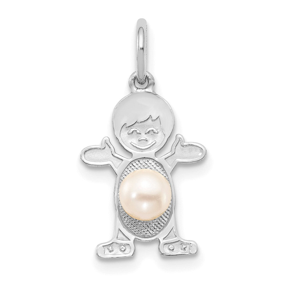 14K White Gold Boy Charm 4mm Freshwater Cultured Pearl-June, 21 x 12 mm