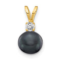 14k 6-7mm Black Round Freshwater Cultured Pearl and AA Diamond Pendant, 0.059 ct, 14 mm