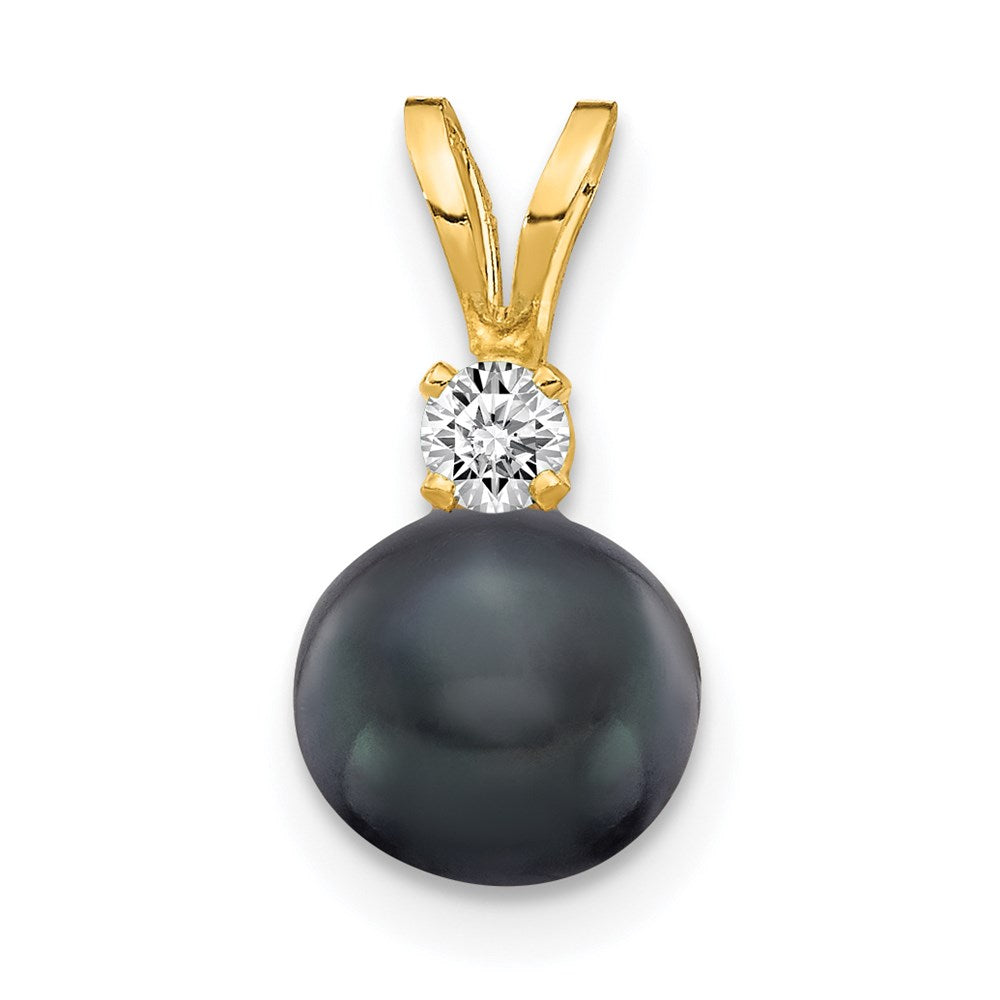 14k 6-7mm Black Round Freshwater Cultured Pearl and AA Diamond Pendant, 0.059 ct, 14 mm