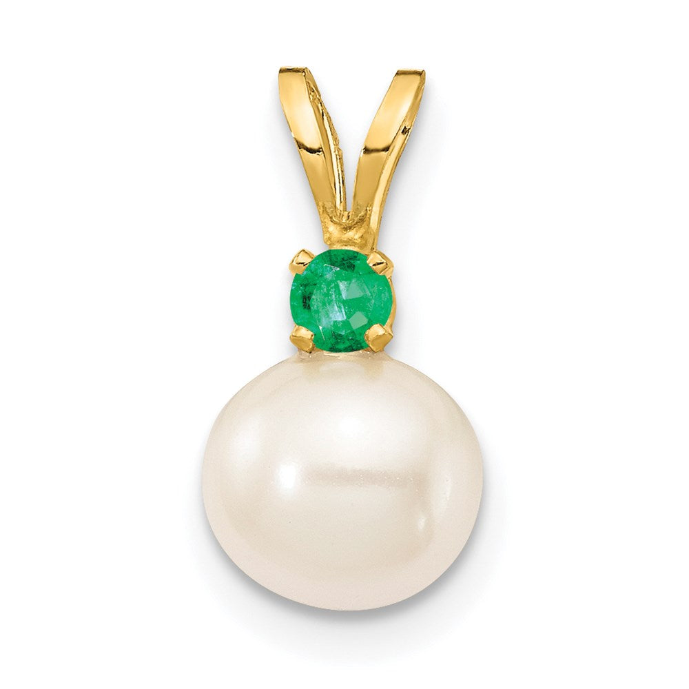 14k 6mm White FW Cultured Pearl & Emerald Pendant, 0.07 ct, 14 x 6 mm