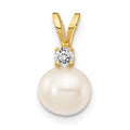 14k 6-7mm Near Round White Freshwater Cultured Pearl and AA Diamond Pendant, 0.059 ct, 14 x 6 mm
