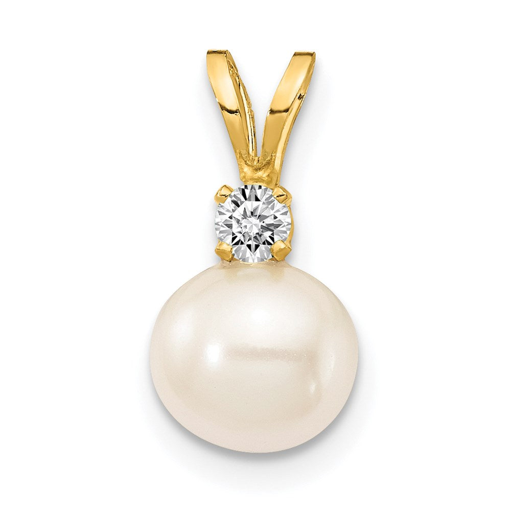 14k 6-7mm Near Round White Freshwater Cultured Pearl and AA Diamond Pendant, 0.059 ct, 14 x 6 mm