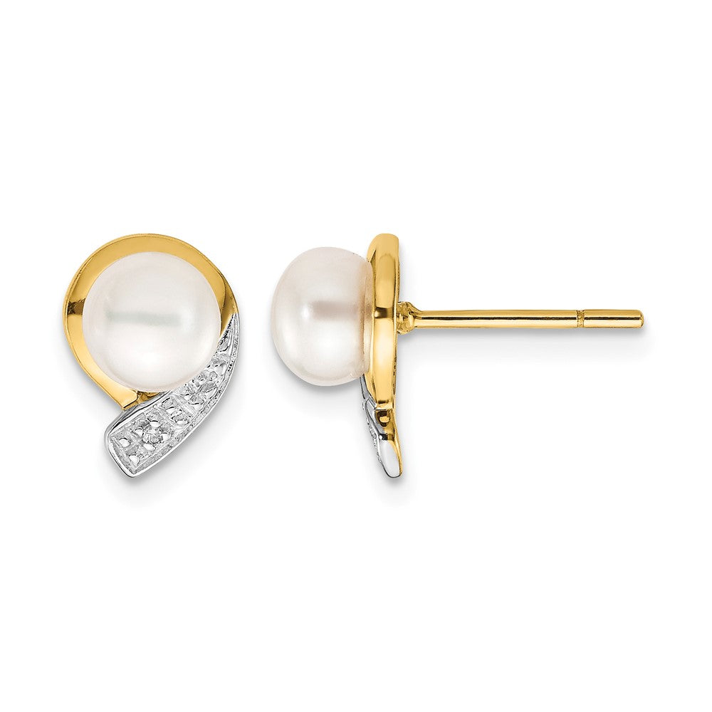 14k 5-6mm White Button Freshwater Cultured Pearl and .01 carat Diamond Post Earrings, 0.012 ct, 13 x 9 mm