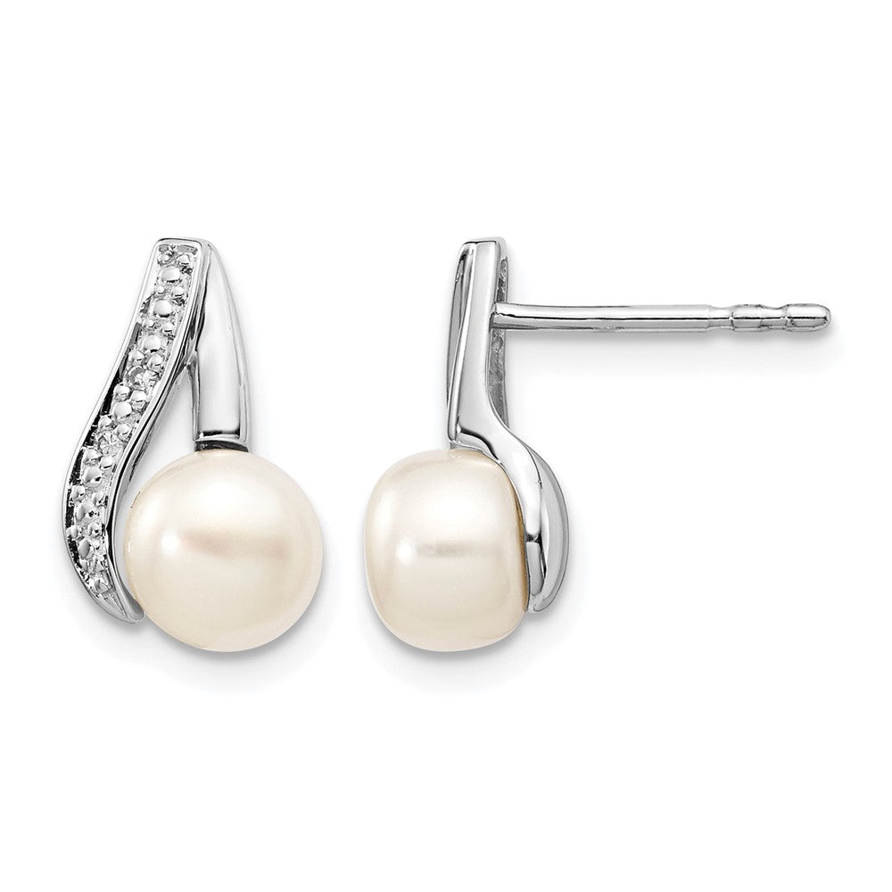 14k White Gold 6-7mm White Button Freshwater Cultured Pearl and .02 carat Diamond Post Earrings, 2.418 ct, 8 x 9 mm