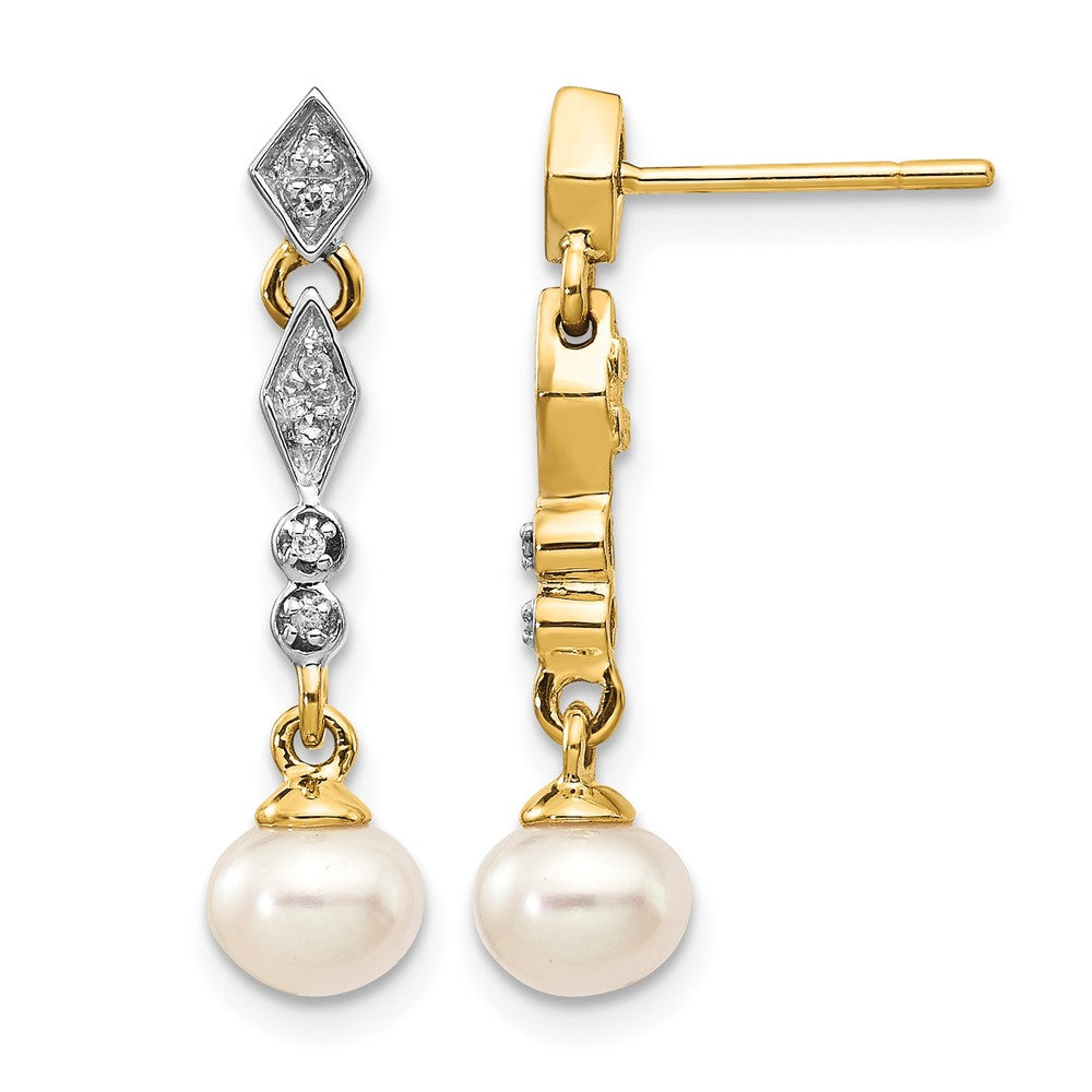 14k and White Rhodium 5-6mm Semi-round White Freshwater Cultured Pearl and .04 carat Diamond Dangle Post Earrings, 0.042 ct, 25 x 8 mm