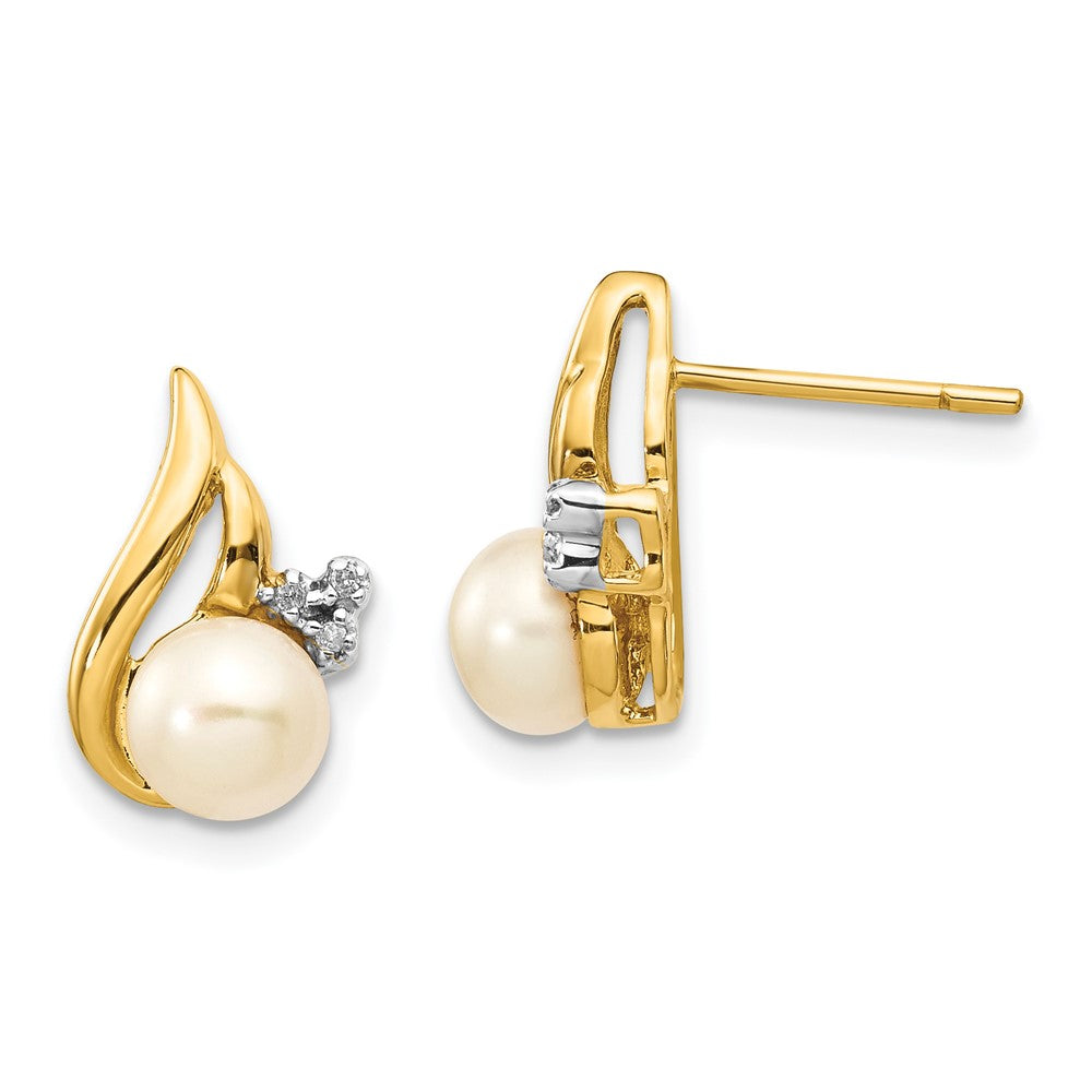 14k and White Rhodium 5-6mm White Button Freshwater Cultured Pearl and .02 carat Diamond Post Earrings, 0.02 ct, 10 x 10 mm