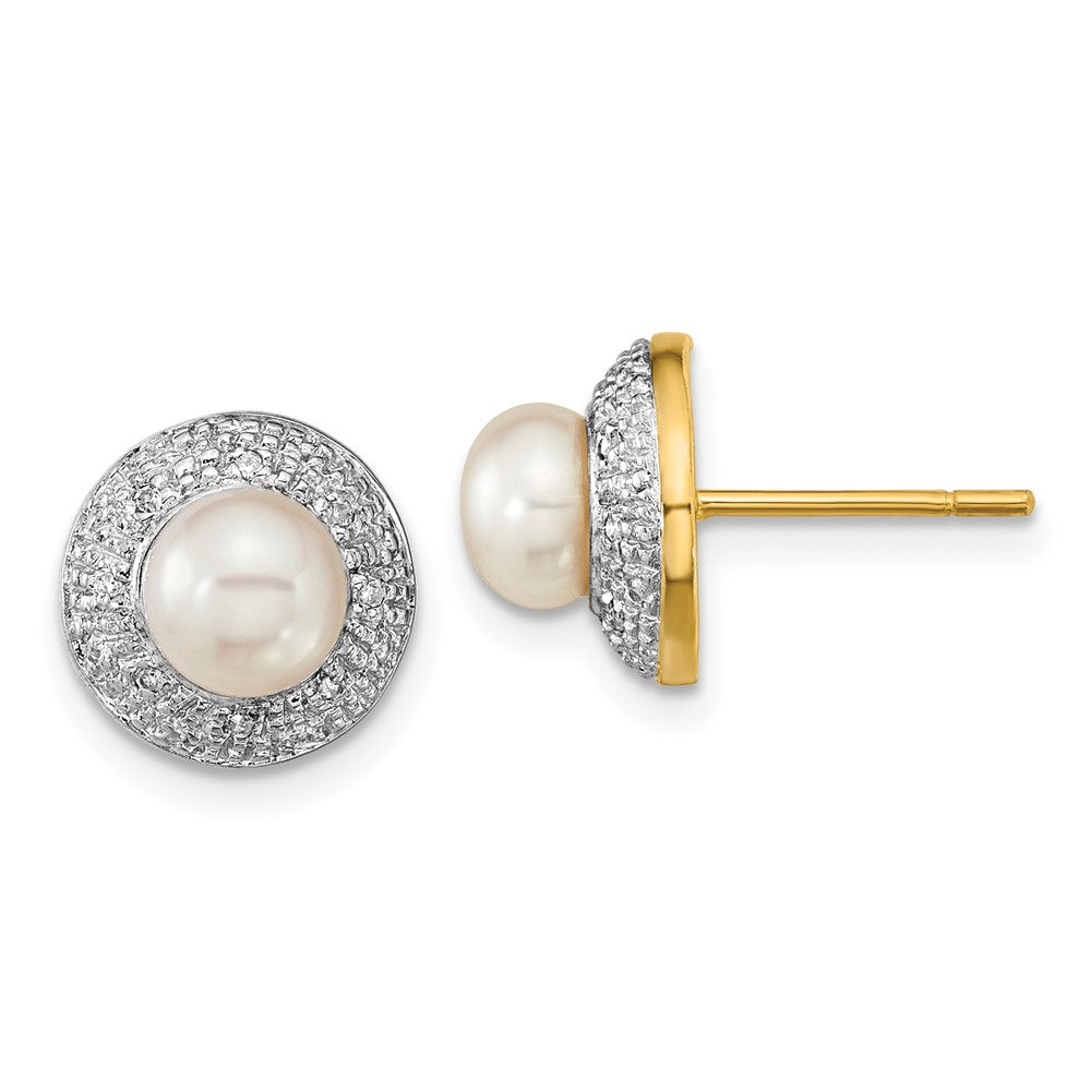 14k and White Rhodium 5-6mm White Button Freshwater Cultured Pearl and .05 carat Diamond Post Earrings, 0.05 ct, 10 x 10 mm