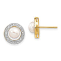 14k and White Rhodium 5-6mm White Button Freshwater Cultured Pearl and .05 carat Diamond Post Earrings, 0.058 ct, 10 x 10 mm