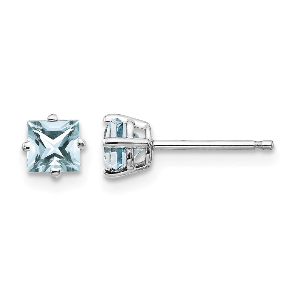 14k White Gold 4mm Princess Aquamarine Post Earrings, 0.6 ct, 5 x 4 mm