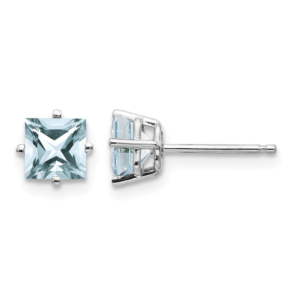 14k White Gold 5mm Princess Aquamarine Post Earrings, 1.2 ct, 6 x 6 mm