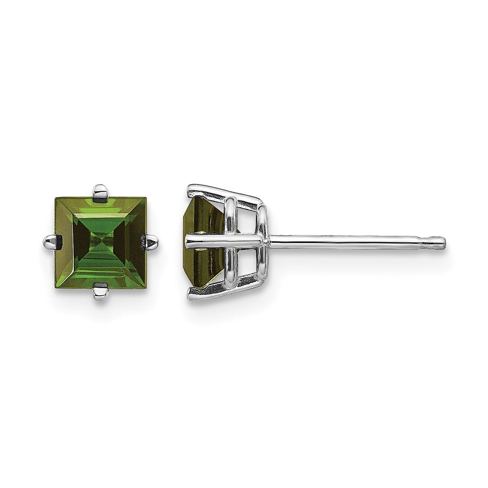 14k White Gold 5mm Princess Green Tourmaline Post Earrings, 1.5 ct, 6 x 6 mm