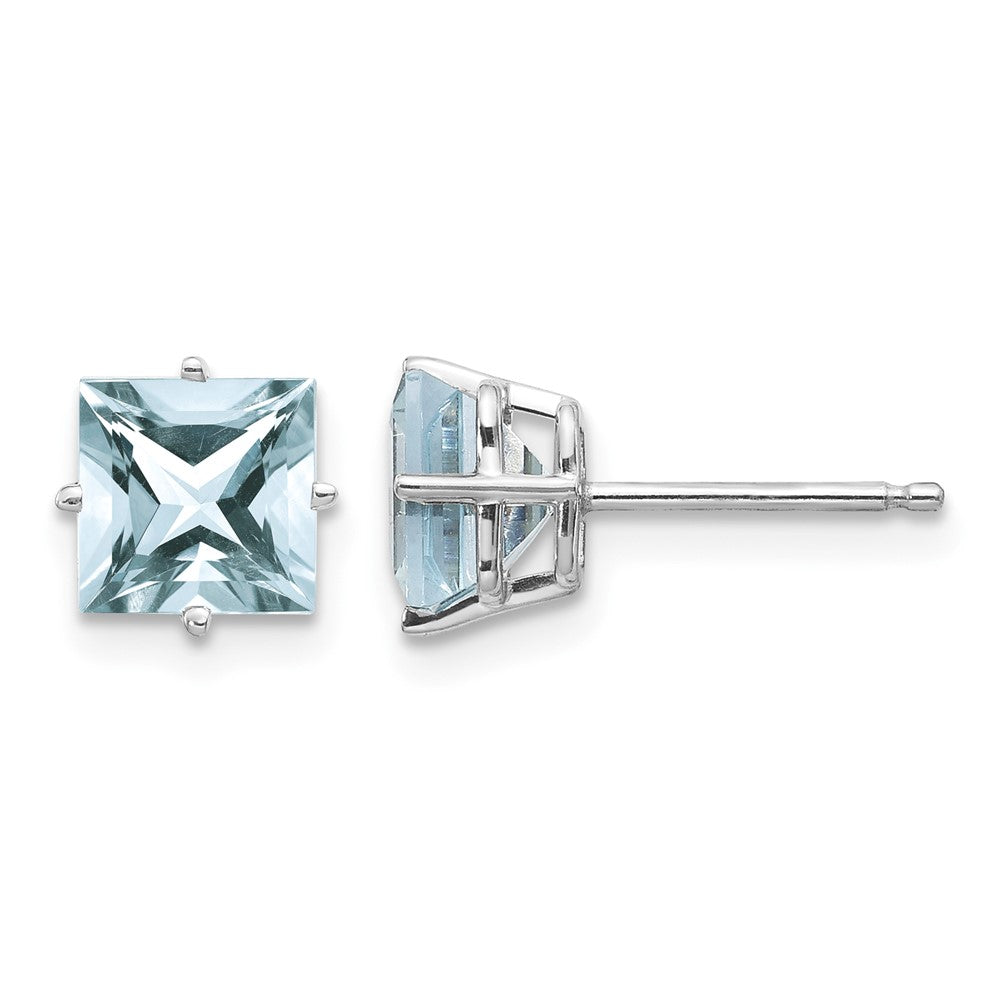 14k White Gold 5mm Princess Aquamarine Post Earrings, 2 ct, 6 x 6 mm