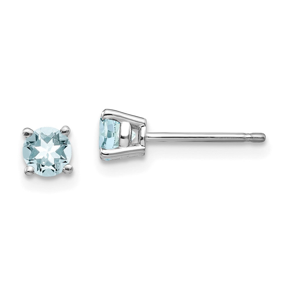 14k White Gold 4mm Round Aquamarine Post Earrings, 0.5 ct, 4.5 x 4 mm