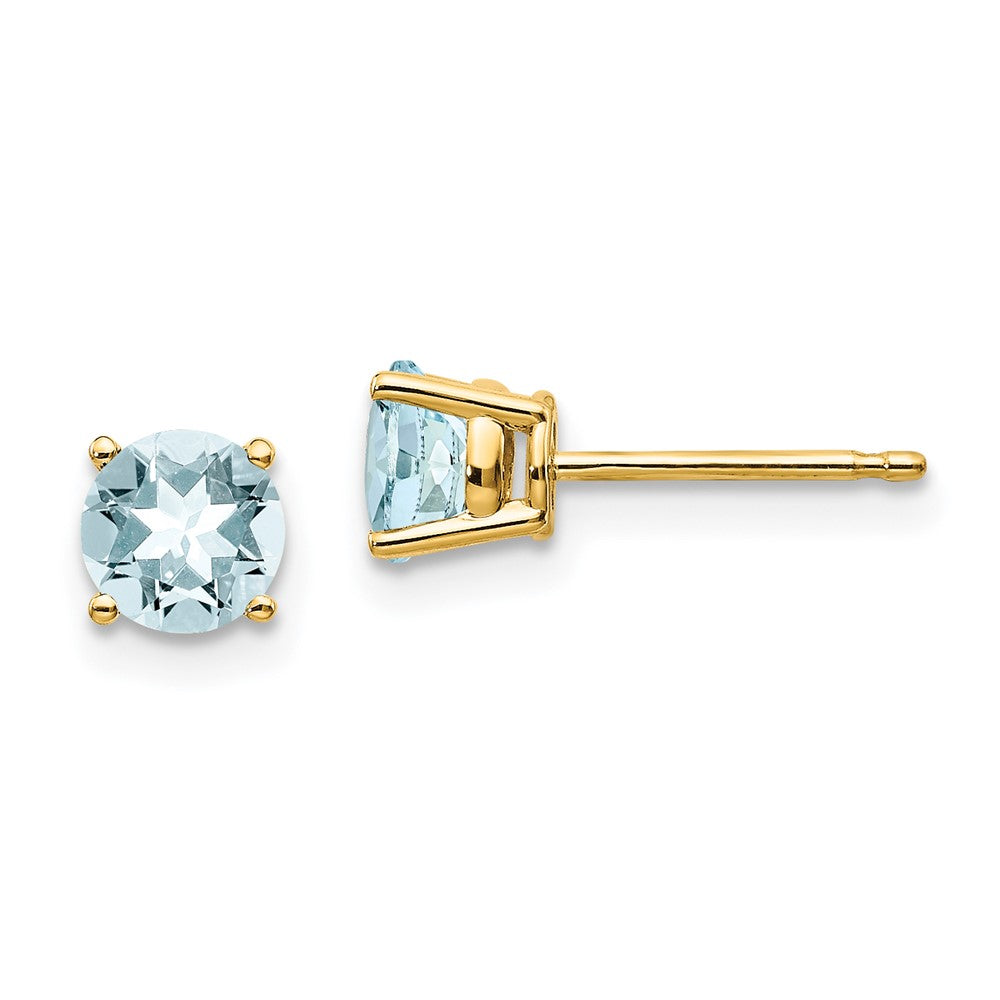 14k 5mm Round Aquamarine Post Earrings, 0.9 ct, 5 x 5 mm