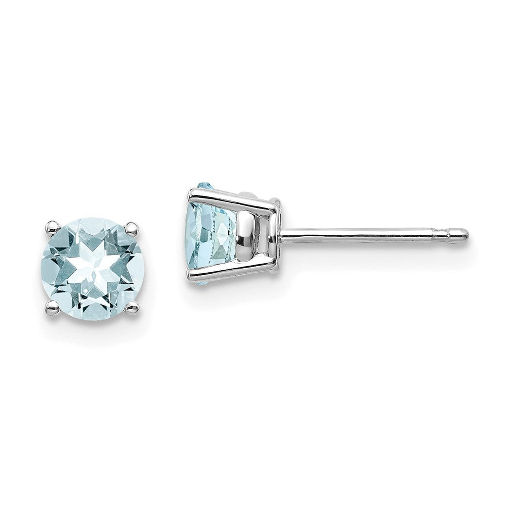 14k White Gold 5mm Round Aquamarine Post Earrings, 0.9 ct, 5 x 5 mm