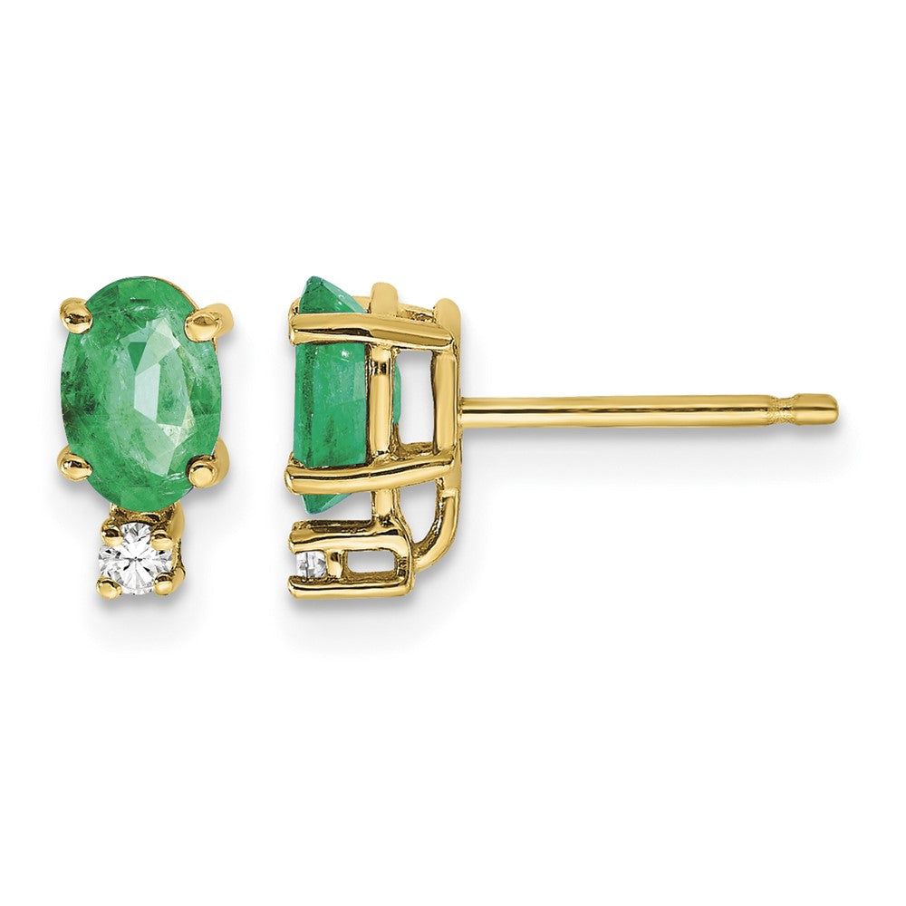 14k 6x4mm Oval Emerald and A Quality Diamond Post Earrings, 0.88 ct, 9 x 4 mm
