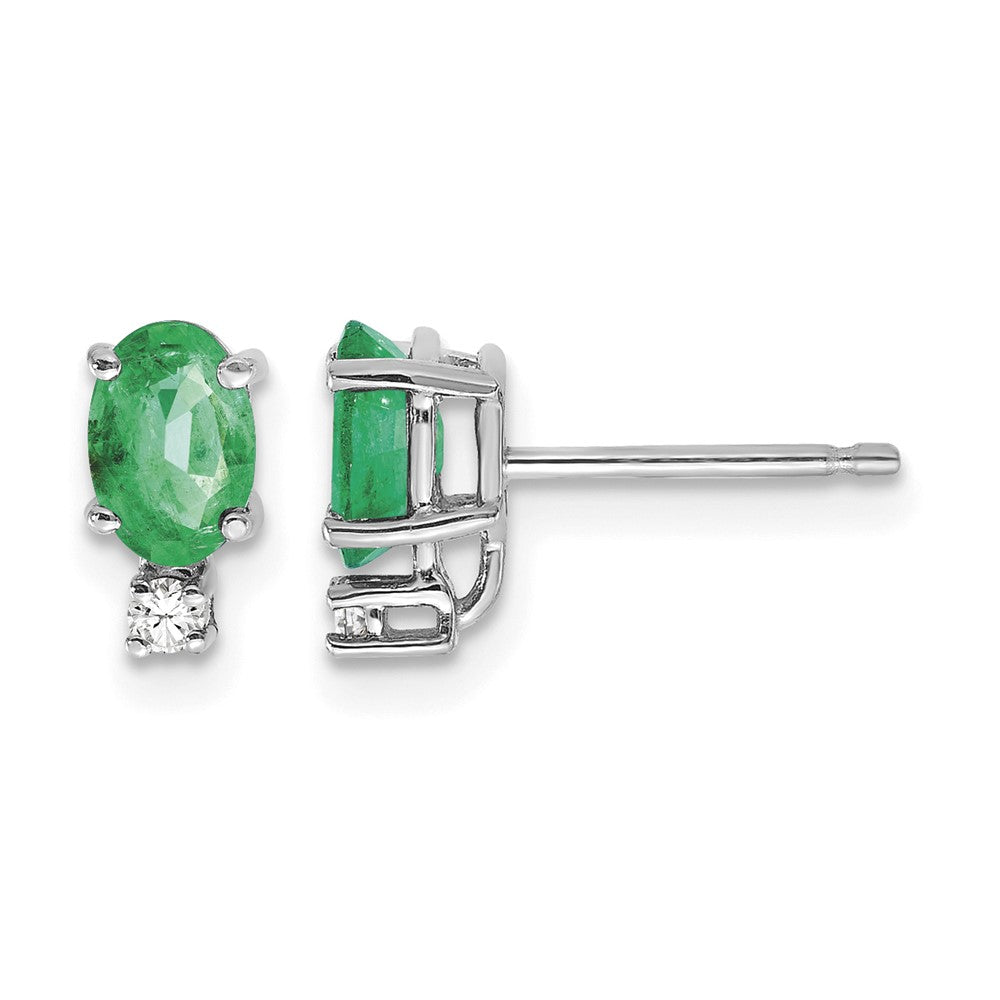 14k White Gold 6x4mm Oval Emerald and AAA Quality Diamond Post Earrings, 0.88 ct, 9 x 4 mm