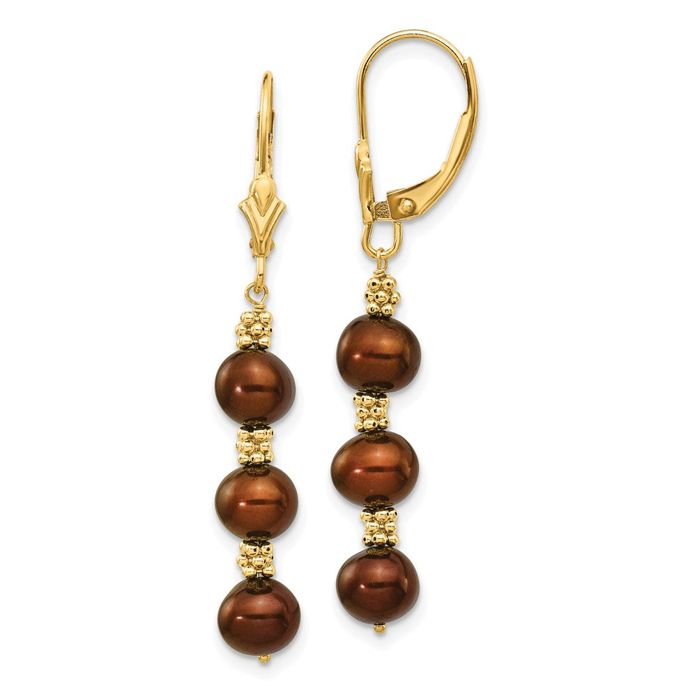 14k 5-6mm Brown Semi-Round Freshwater Cultured Pearl Dangle Leverback Earrings, 40 x 5 mm