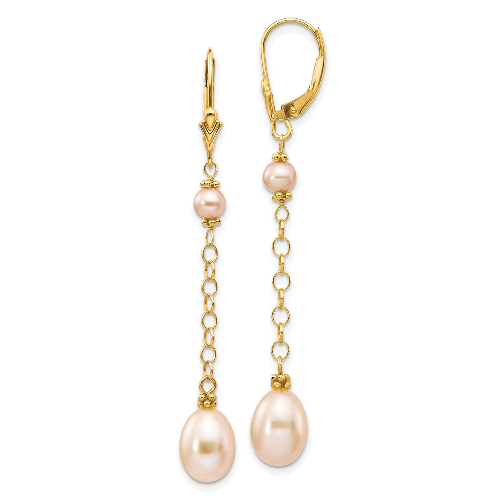 14k 5-8mm Pink Rice and Semi-Round Freshwater Cultured Pearl Chain Dangle Leverback Earrings, 55 x 8 mm