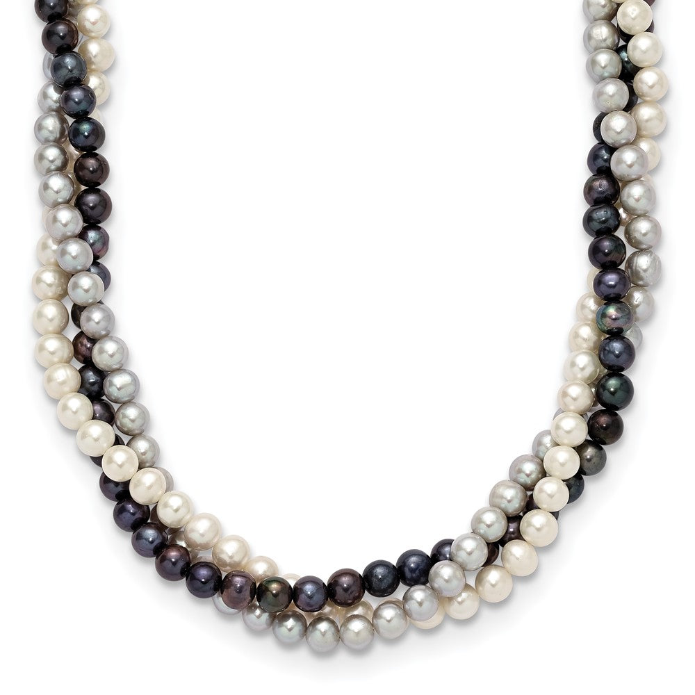 14k 6-7mm White/Gray/Black Near-Round Freshwater Cultured Pearl 3-Strand 18 inch Necklace, 18 mm