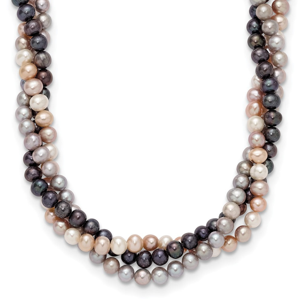 14k White Gold 6-7mm Pink/Gray/Black Near-Round Freshwater Cultured Pearl 3-Strand 18 inch Necklace, 18 mm