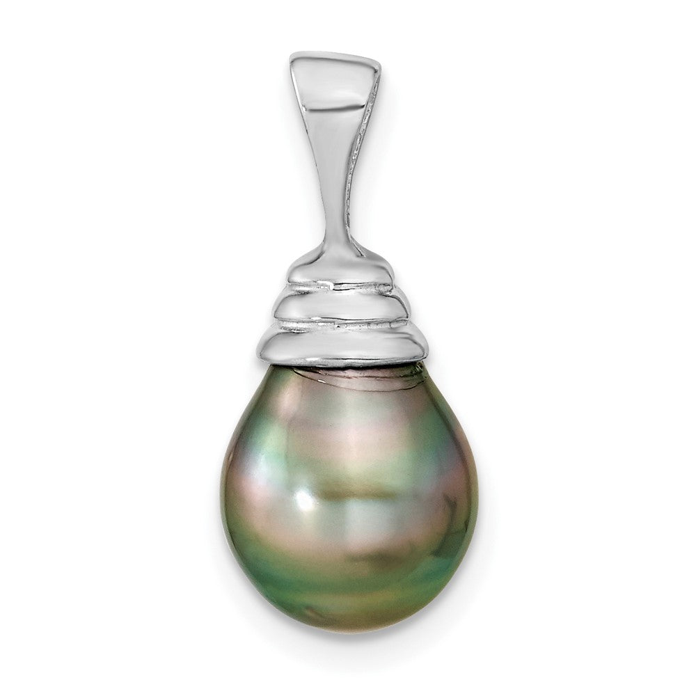 14k White Gold 9-10mm Black Teardrop Tahitian Saltwater Cultured Pearl Pendant, 20 x 9 mm