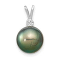 14k White Gold 10-11mm Round Black Tahitian Saltwater Cultured Pearl and  .05 Carat Diamond Pendant, 0.05 ct, 17 x 10 mm