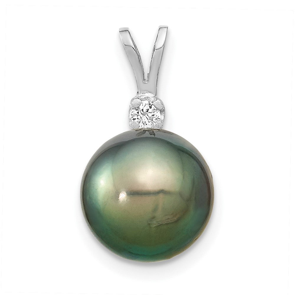 14k White Gold 10-11mm Round Black Tahitian Saltwater Cultured Pearl and  .05 Carat Diamond Pendant, 0.05 ct, 17 x 10 mm