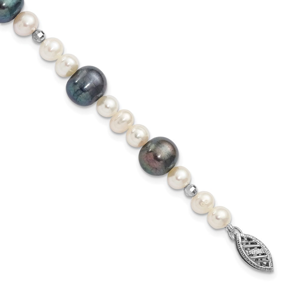 14k White Gold Black and White Semi-Round Freshwater Cultured and Mirror Bead 7.5 inch Bracelet, 7.5 x 9 mm