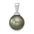 14k White Gold 10-11mm Black Round Tahitian Saltwater Cultured Pearl Pendant, 18.5 x 10.5 mm