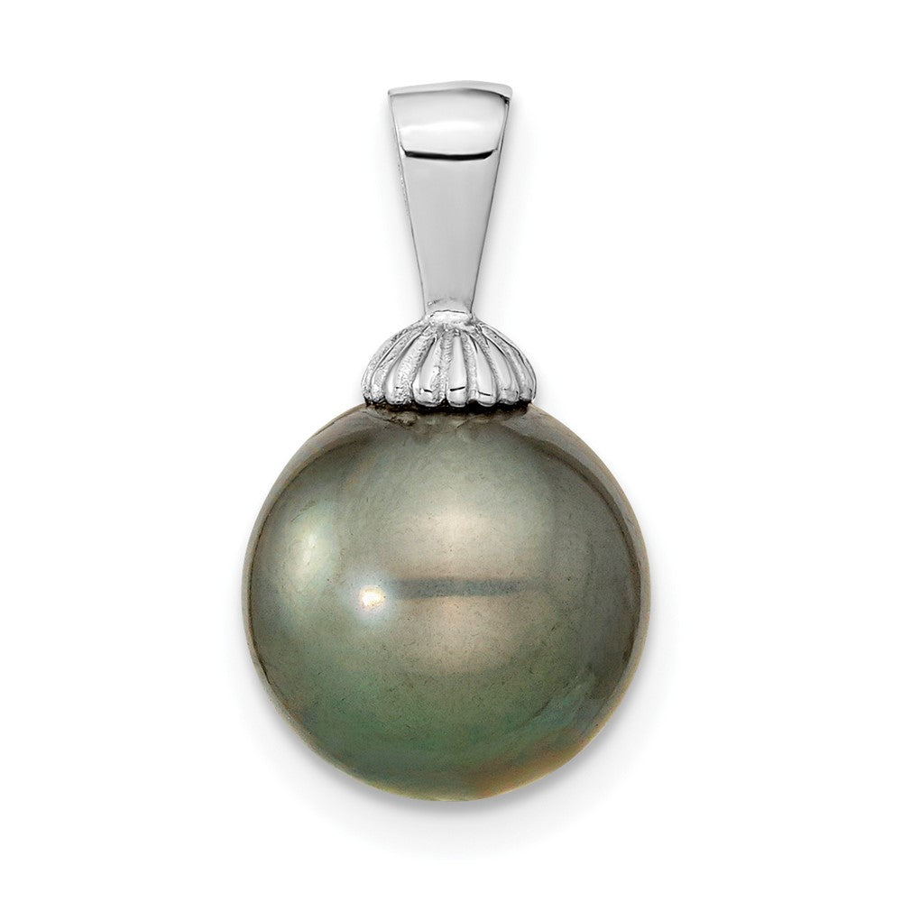 14k White Gold 10-11mm Black Round Tahitian Saltwater Cultured Pearl Pendant, 18.5 x 10.5 mm
