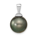 14k White Gold 11-12mm Black Round Tahitian Saltwater Cultured Pearl Pendant, 19.5 x 11.5 mm