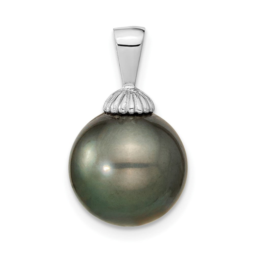 14k White Gold 11-12mm Black Round Tahitian Saltwater Cultured Pearl Pendant, 19.5 x 11.5 mm